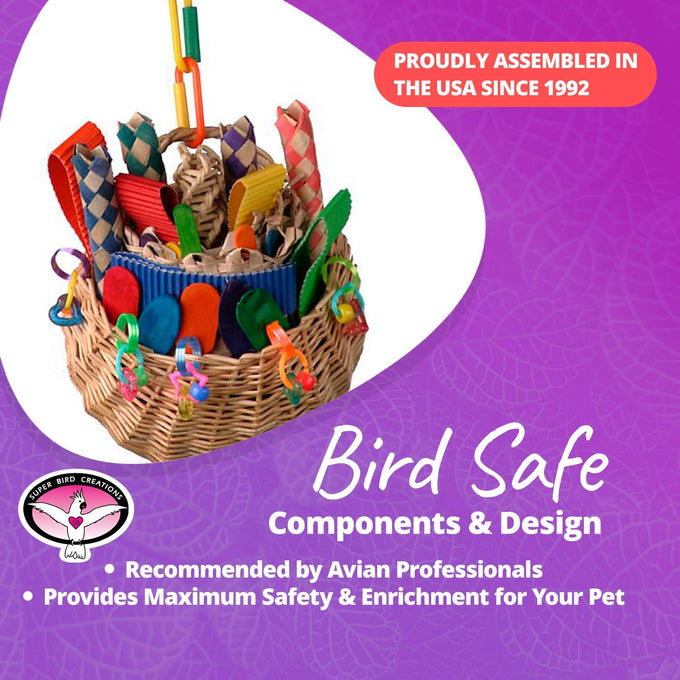 super bird creations sb669 wicker foraging basket bird toy for medium parrots, 10” x 4” x 5”