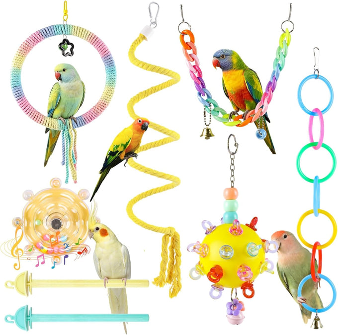 Parakeet Toys Set 8 Pcs Cotton Rope Hanging Swing Colorful Spinning Chewing Standing Perch Parrot Toys Bird Cage Accessories Bird Toy for Lovebird Cockatiel Budgie Finches