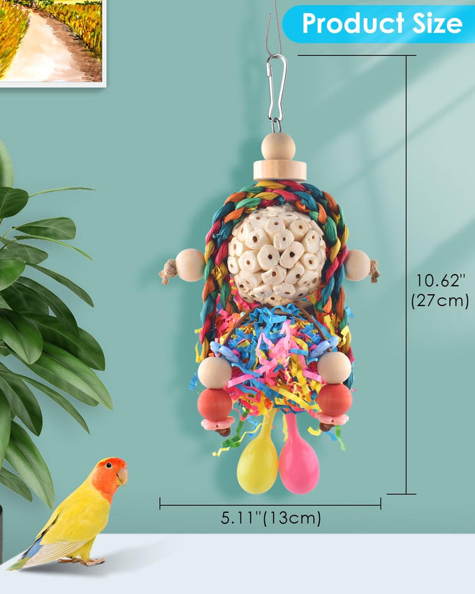 Bissap conure toys, 2pc bird parrot foraging shredder hanging toys with sola balls for small parrots, parakeets, conures, and cockatiels.