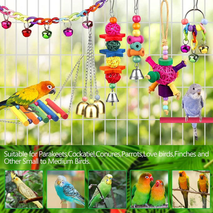 Colorful ladder hammock bird cage accessories for conures, parrots, parakeets, cockatiels, lovebirds, with hanging bell and chewing toys
