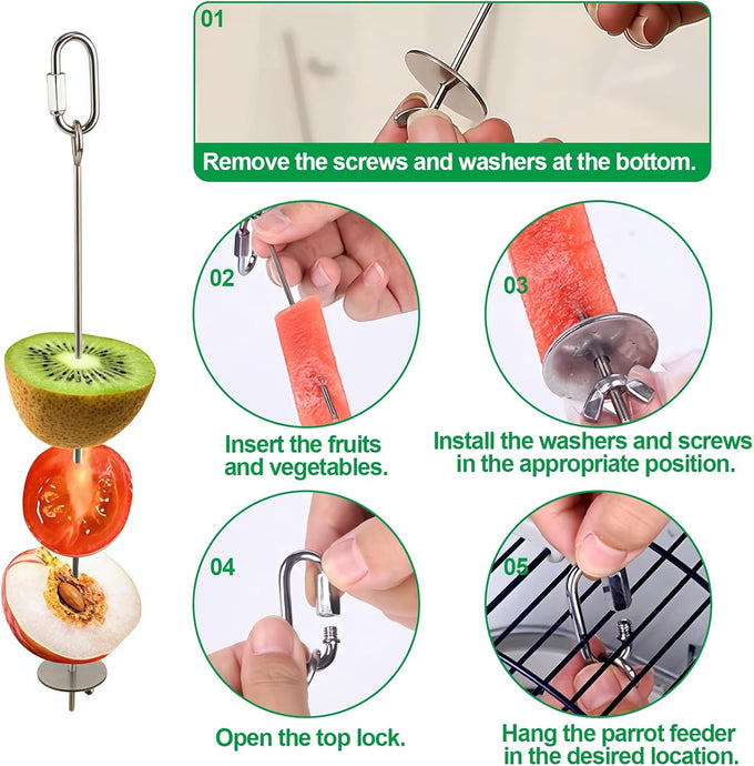 3-Pcs Stainless Steel Parrot Fruit & Vegetable Skewer Toy 6.9in/17.5cm, 8.9in/22.5cm, 10.8in/27.5cm