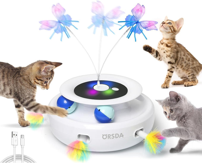 orsda automatic usb rechargeable 3-in-1 interactive cat toy with feathers and butterfly