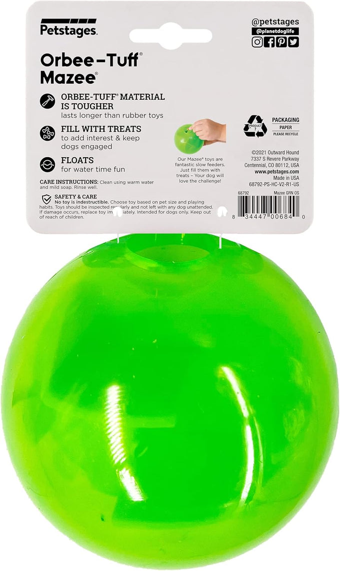 Outward Hound Orbee-Tuff Mazee Interactive Dog Puzzle Toy in Green, 4.7-Inch, Treat Dispensing Slow Feeder Ball