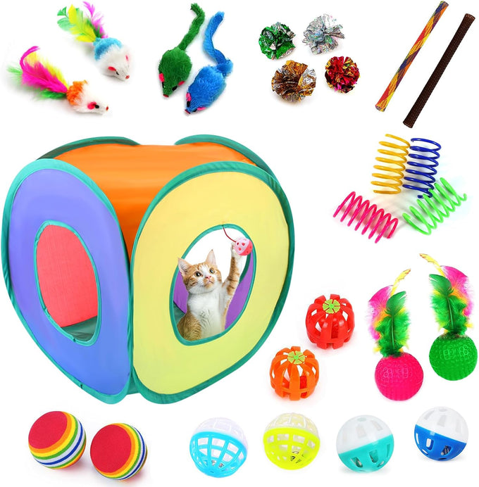 iCAGY interactive cat toy bundle for indoor cats, 25 pcs, 45 inches rainbow tunnel, colorful springs, feathers, balls, and mice
