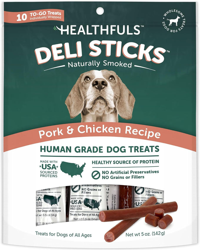 Healthfuls Deli Sticks Pork and Chicken Dog Treats, 10 Count Bag, Gluten-Free, Human-Grade, Soft and Chewy