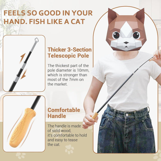 rosaui cat teaser wand toys, 42.15'' long, sustainable wooden handles, 2pcs wires and 5pcs natural refills, for indoor kittens