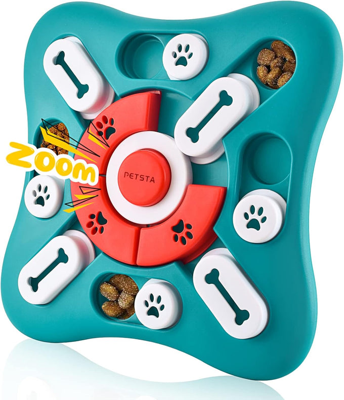 petsta dog puzzle toy, 10 inch x 10 inch x 1.3 inch, squeak button, 16-hole treat dispenser