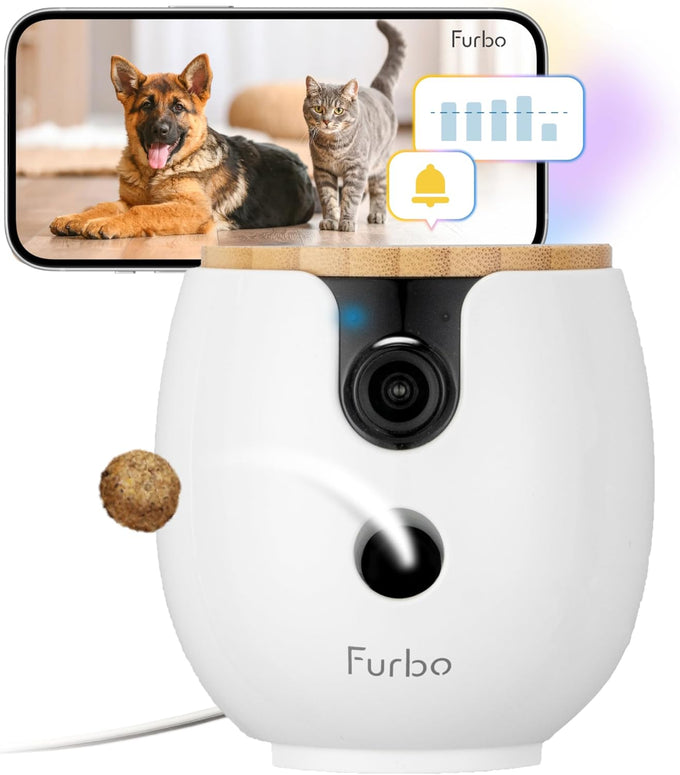 Furbo 360° Dog Camera home security with 2-way speaker, rotating treat toss, and subscription required for full features