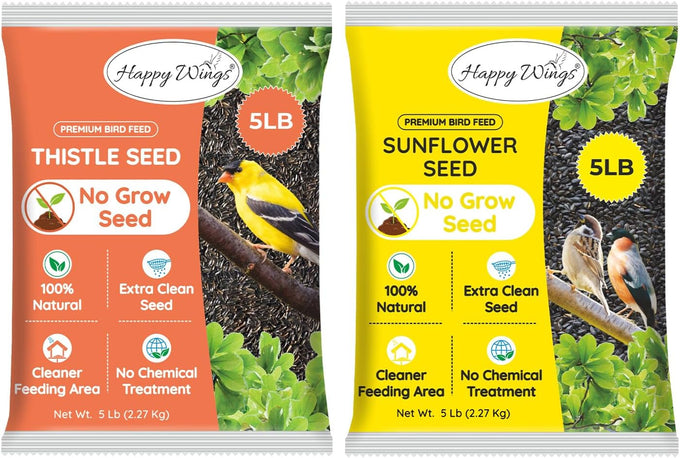 Happy Wings Finch Blend Bird Food, 5 Pounds, Mix of Sunflower Hearts/Kernels and Nyjer, No Grow Seed for Wild Birds