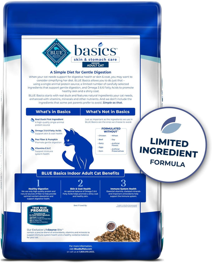 Blue Buffalo Basics Grain-Free Dry Cat Food for Indoor Cats, Duck & Potato Recipe, 11-lb Bag, Skin & Stomach Care