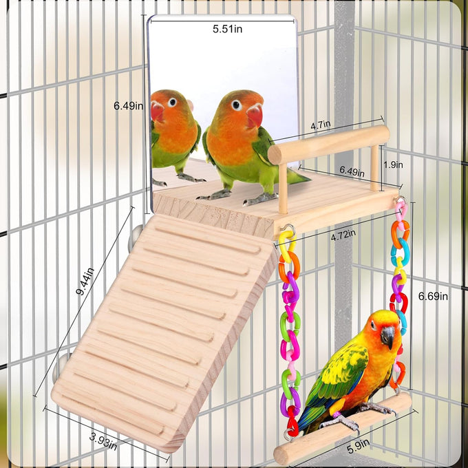KyoukiBird Perch Platform Bird Toys with Mirror Climbing Ladder Swing for Cockatiels, Lovebirds, Budgies and More - Wooden Parakeet Cage Accessories