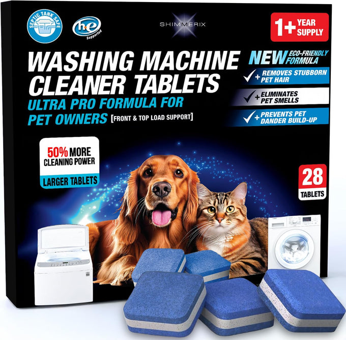 Washing machine cleaner tablets - pet hair removal, odor elimination, septic tank safe, HE compatible