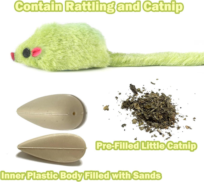 meohui 12pcs rattle cat mouse toys with faux fur, 2.36" mice body size, prefilled catnip for indoor cats play