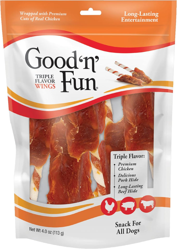 Good 'n' Fun Triple Flavor Wings Chews for All Dogs, 12 Ounces, Chicken, Pork Hide, and Beef Hide