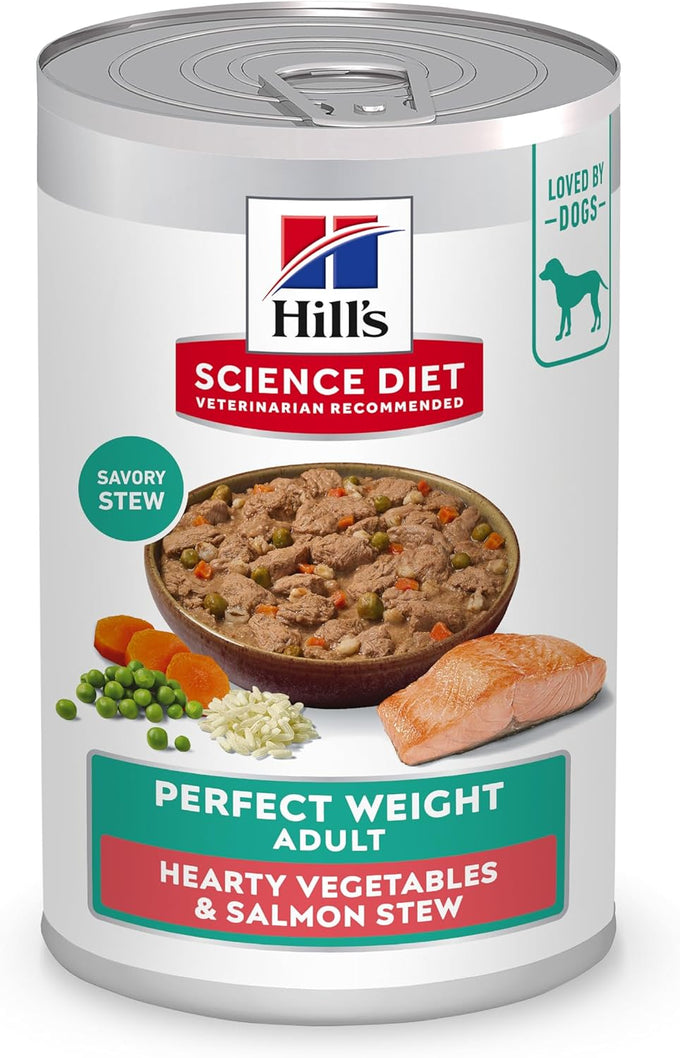 Hill's Science Diet Adult Perfect Weight Wet Dog Food, Hearty Vegetables & Salmon Stew, 12.5 oz. Cans, 12-Pack