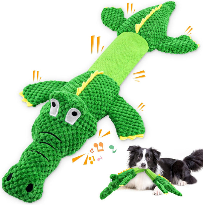 WOWBALA interactive squeaky dog chew toy for small, medium & large dogs, crocodile-shaped, plush, crinkle paper, 24-inch length