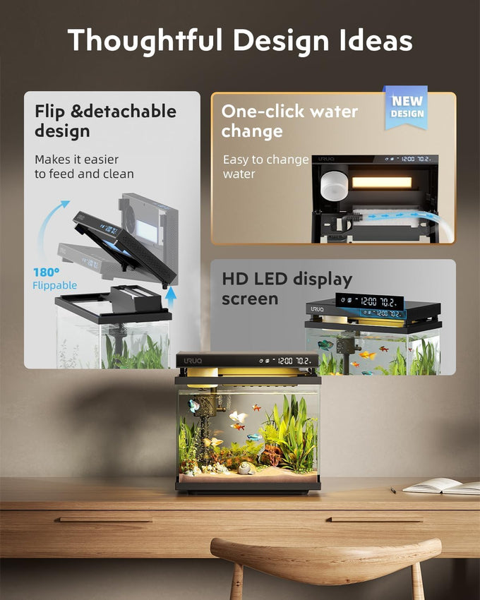 Fish Tank Smart Aquarium Kit 2 Gal Black UHD Silent Pump Self Cleaning System