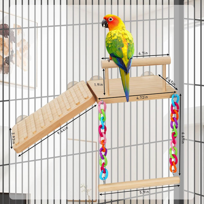 Wooden bird perches platform swing with climbing ladder for cockatiels, lovebirds, and small pets cage accessories