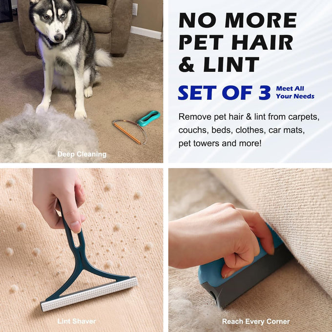 Pet Hair Remover 3-Pack: Copper, Silicone, and Y-Shaped Scrapers for Carpets, Clothes, and Furniture