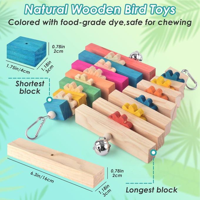 dbness large parrot hanging chew toy 2 pcs wooden block with bell for medium to large parrots and cockatiels