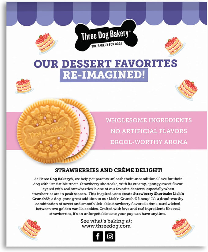 Three Dog Bakery Lick'n Crunch! Strawberry Shortcake Dog Treats, 13 oz, Crunchy Sandwich Cookies with Real Strawberries & Vanilla Cream Filling