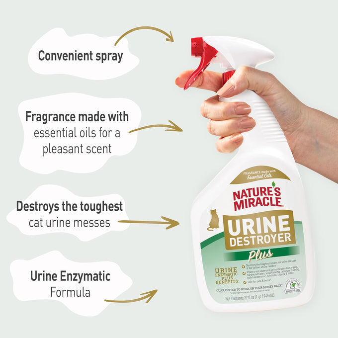 Nature's Miracle Urine Destroyer Plus for Cats, Enzymatic Formula, Ready-to-Use, 32 oz Stain and Odor Eliminator for Pet Owners