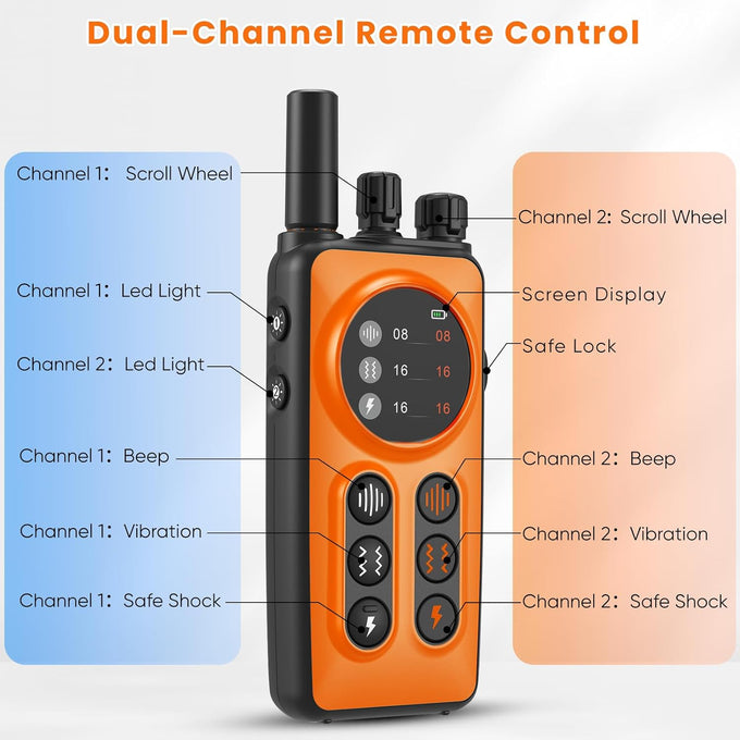 Dog shock collar for 2 dogs, 3300ft remote range with real-time dual-channel control, orange, fits 8-120 lbs all breeds sizes