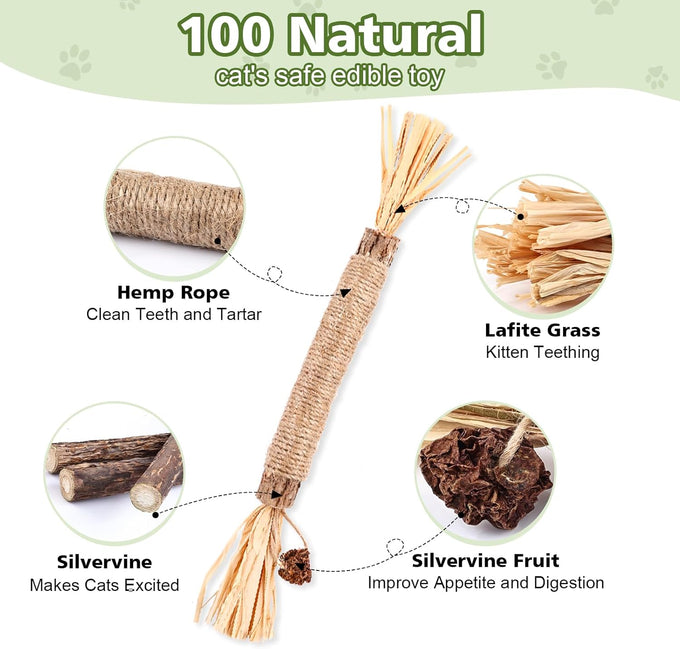 Wouseodo Natural Silvervine Sticks Cat Toy 6 Pack, Dental Care Teeth Cleaning,Matatabi Cat Nip Treat for Indoor Cats& Kittens