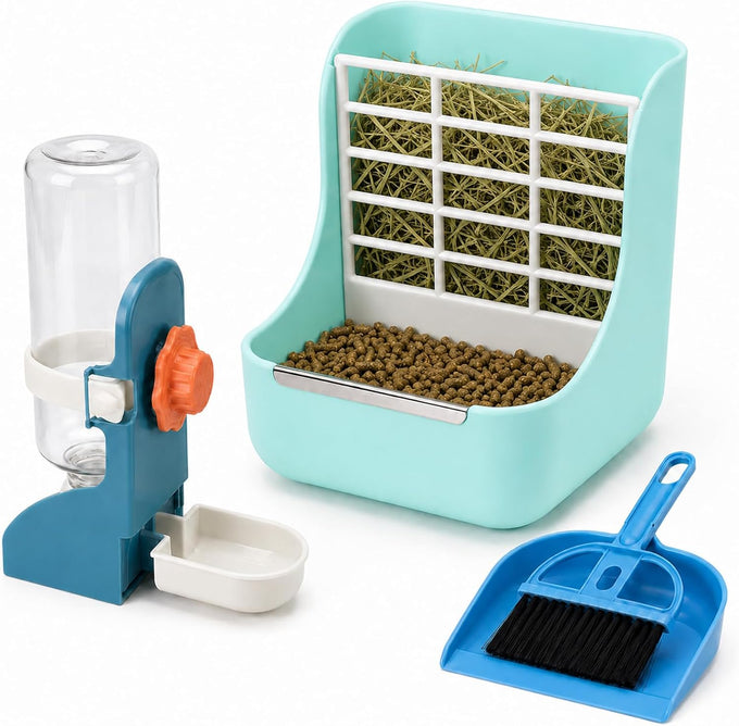 hercocci large white rabbit hay food bin feeder and bunny water bottle set with 500ml hanging dispenser