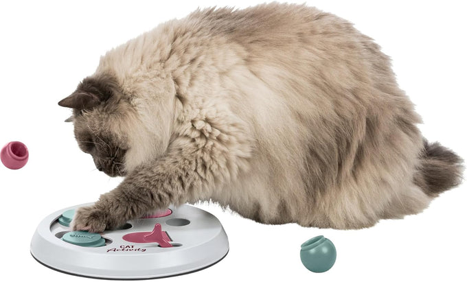 Trixie Cat Activity Flip Board - 4-module treat puzzle enrichment toy for indoor cats - Berry/Gray, 9x9x2.5in