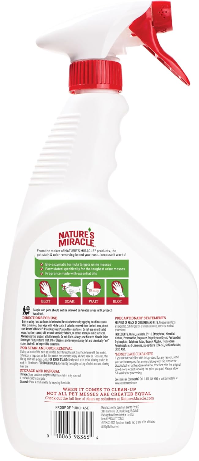 Nature's Miracle Enzymatic Urine Destroyer Plus for Dogs, 32 oz, Severe Stain Removal Formula
