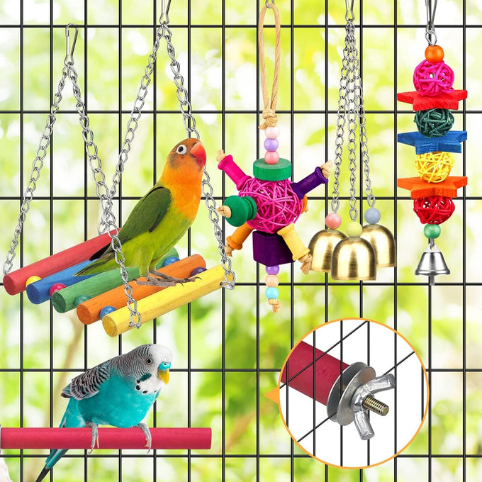 Colorful ladder hammock bird cage accessories for conures, parrots, parakeets, cockatiels, lovebirds, with hanging bell and chewing toys