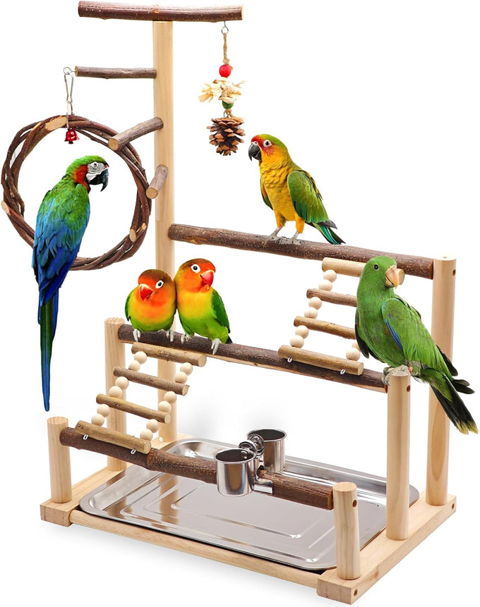 Natural Wooden Parrot Stand for Small to Medium Birds, 16.3" x 10.6" x 23.2", Chestnut Wood, Easy Assembly