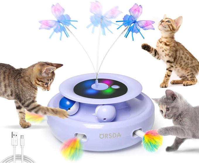 orsda automatic usb rechargeable 3-in-1 interactive cat toy with feathers and butterfly