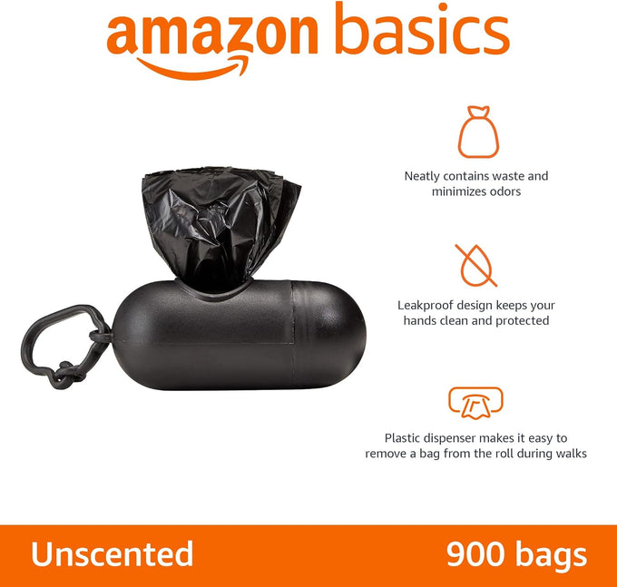 Amazon Basics Dog Poop Leak Proof Bags with Dispenser and Leash Clip, Unscented, 13" x 9", 900 Count