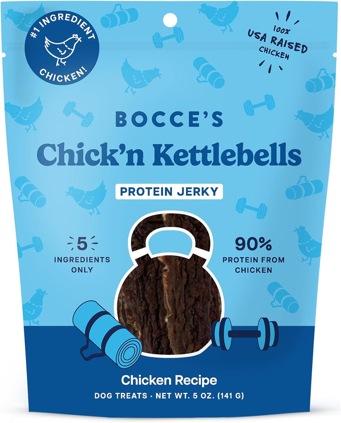 Bocce's Bakery low-sodium, high-protein, wheat-free chicken & pumpkin jerky dog treats, 4 oz, made in USA
