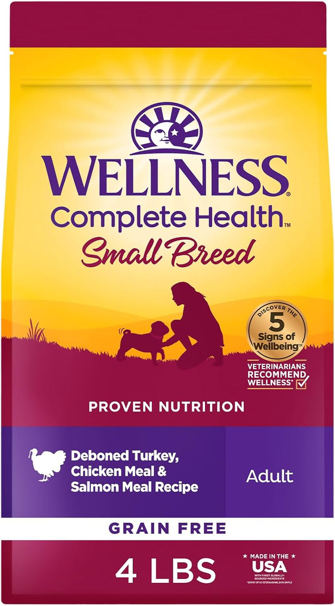 wellness complete health small breed adult dry dog food, grain free chicken salmon recipe, 4 lb bag