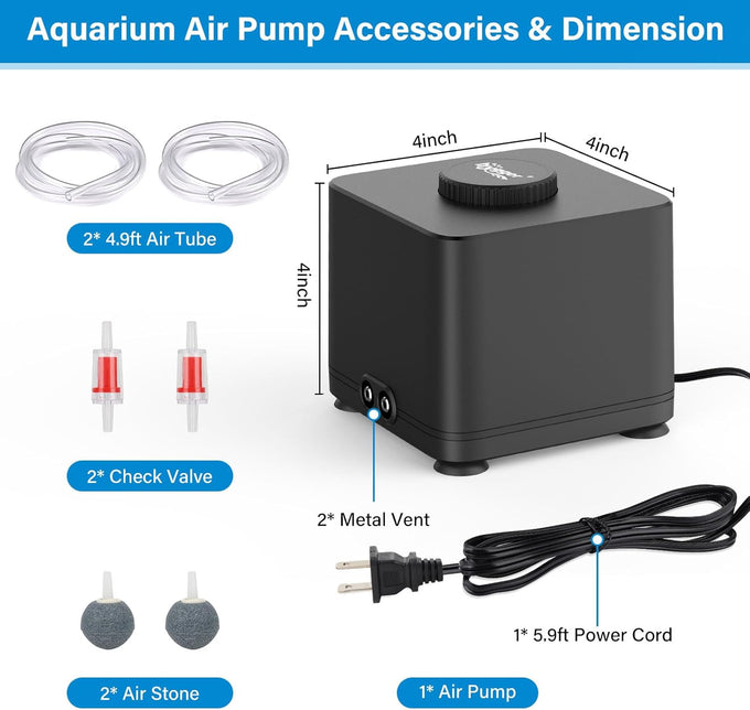 hygger aquarium air pump, 4w/7w/11w powerful oxygen aerator, adjustable dual stainless steel outlets for small-medium-large fish tank