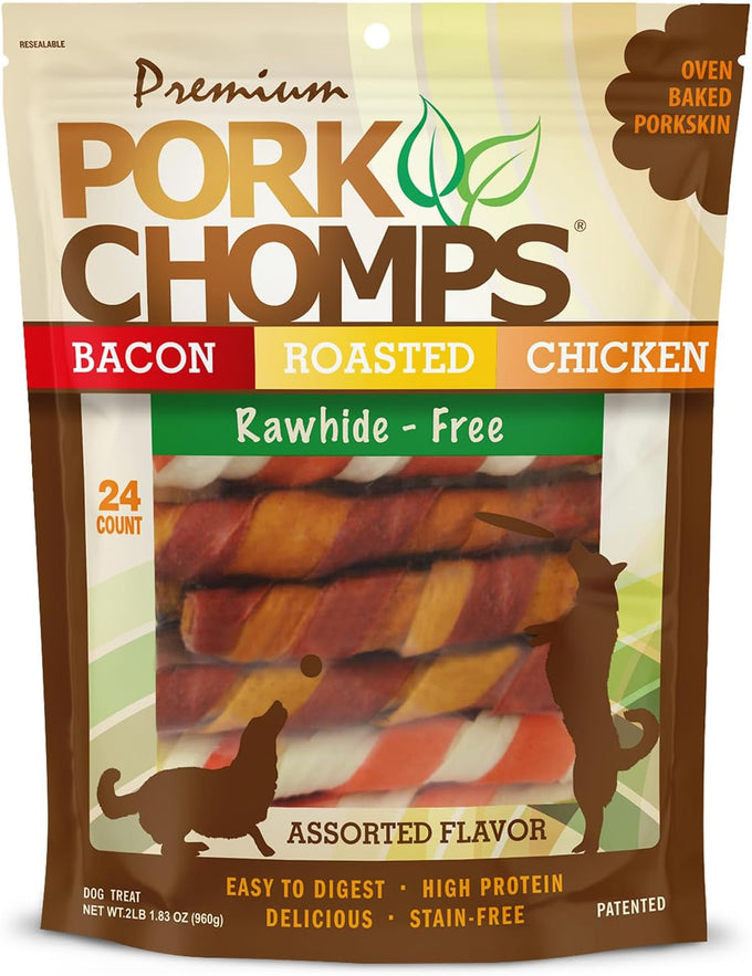pork chomps roasted pork skin dog chews, 6 inch twists, 15 count - healthy, delicious, low fat, high protein