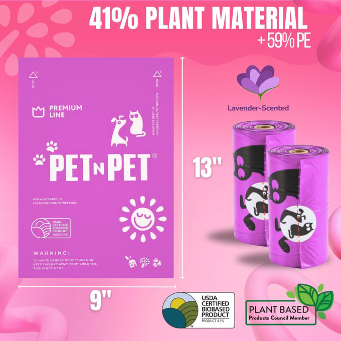 PET N PET Poop Bags, 288 Count Lavender Scented, 38% Plant Based, USDA Certified, Dog Waste Bags with Leash Dispenser