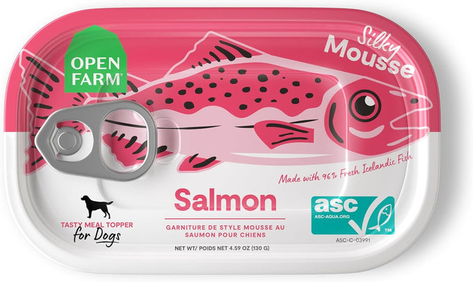 Open Farm, canned dog food topper, silky mousse salmon recipe, 4.59oz cans, pack of 12, grain and legume free, responsibly sourced Icelandic fish