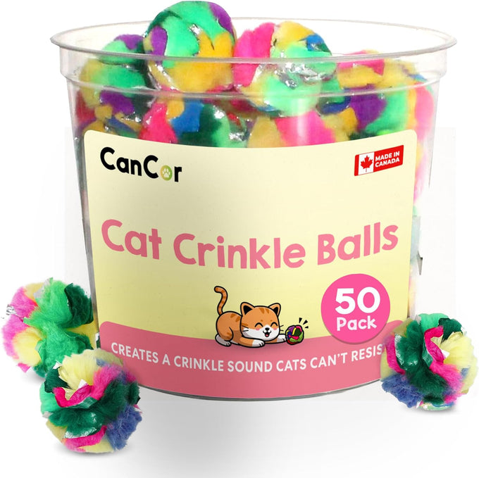 Soft Crinkle Cat Toy Balls 4 Pack - Fuzzy Pom Balls for Indoor Cats & Kittens Made in Canada
