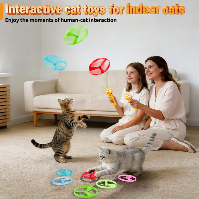 Baborui Yellow Cat Toy Disc Launcher Rechargeable Interactive Fetch Toy for Indoor Cats with 8 Flying Discs