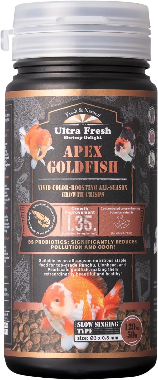 Ultra Fresh Apex Goldfish Growth Crisps, Premium All Natural Sword Prawn Flavor, 1.76 oz, Slow Sinking