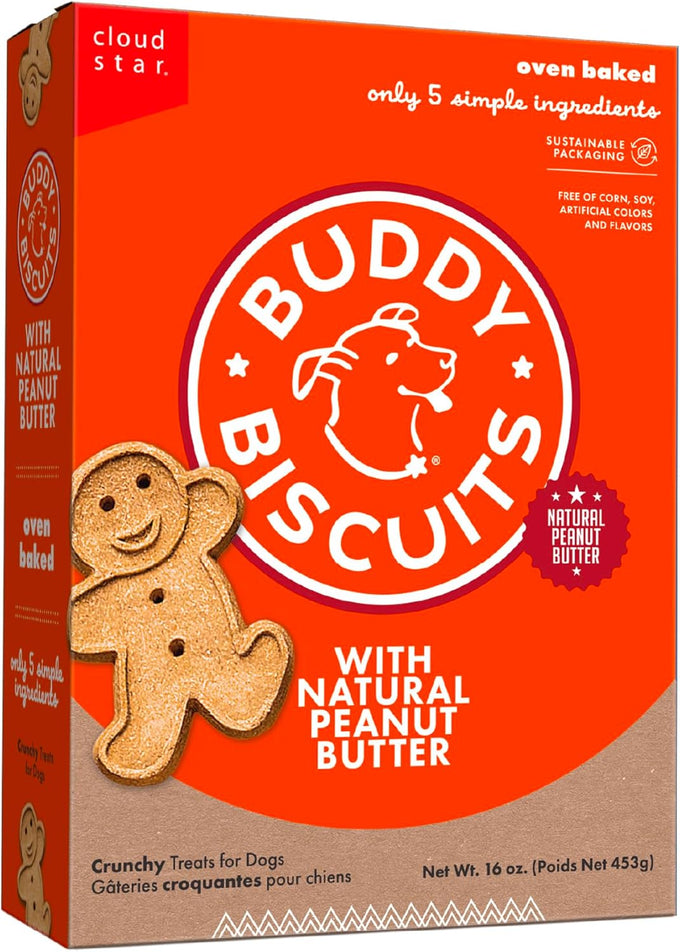 Buddy Biscuits crunchy peanut butter treats for medium to large dogs, 16 oz. box, USA made