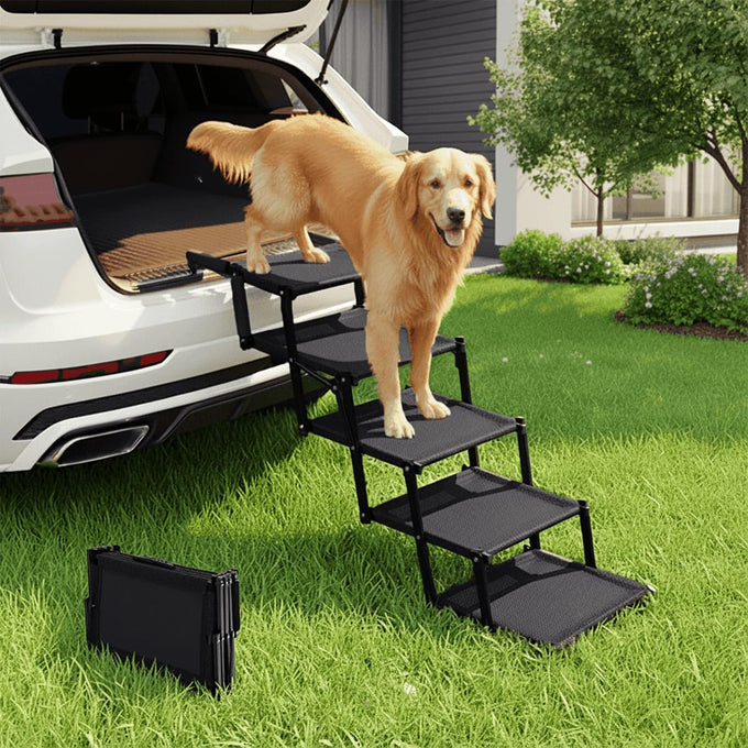 Oiilores extra-wide foldable dog stairs for large breeds, 5 steps, 250 lbs capacity, non-slip surface, 17x5x13 inches compact size