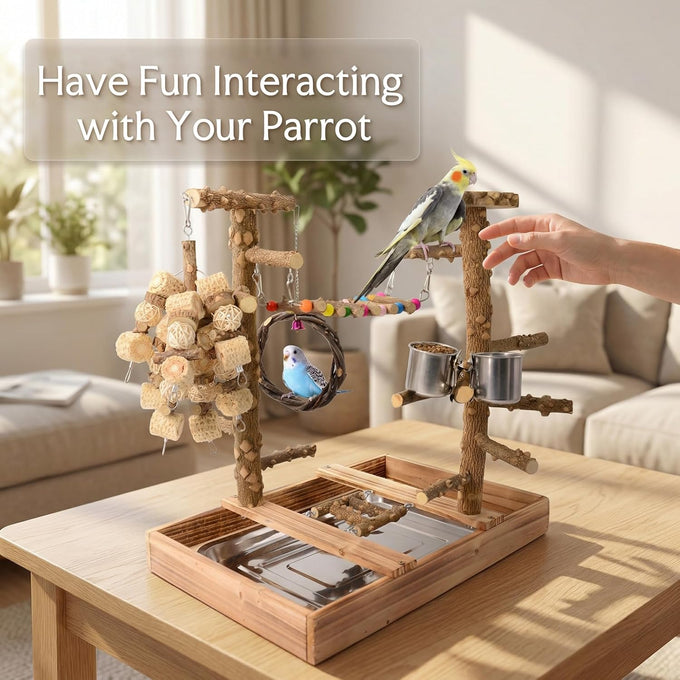 Natural real wood bird perch stand for small to medium birds, multi-layer parrot playground gym with feeding cups and toys