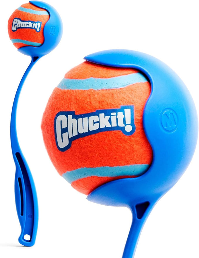 Chuckit! 12M Sport dog ball launcher for medium 2.5" balls, 20-60 lb dogs, 12" handle, made in USA, blue