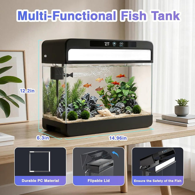 3 gallon smart aquarium for beta fish, 3-in-1 silent water pump with filtration, circulation, oxygenation, and 7 colors LED lights (black)