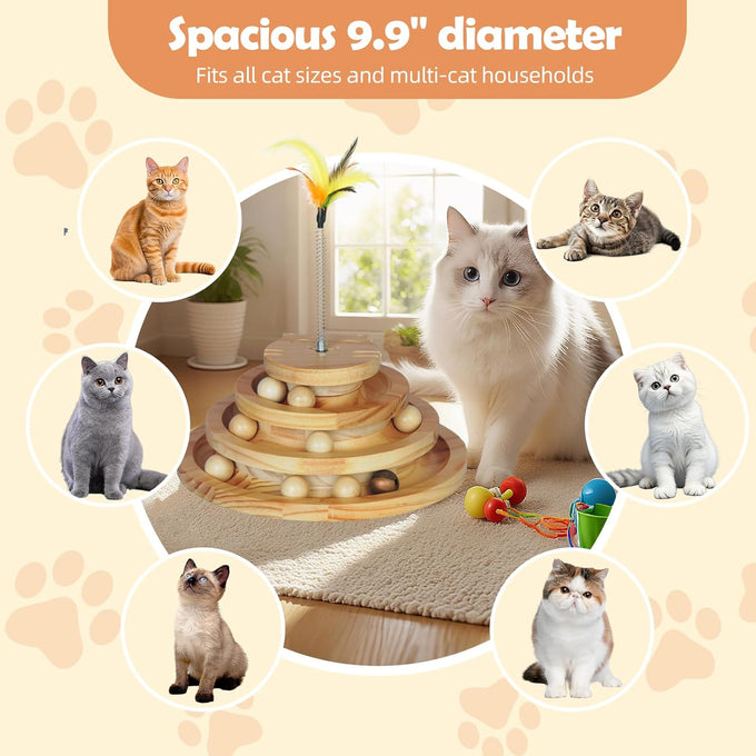 pine cat track toy for big cats, 4 layer wooden ball tower with feather wand, 9.9 inches, eco-friendly